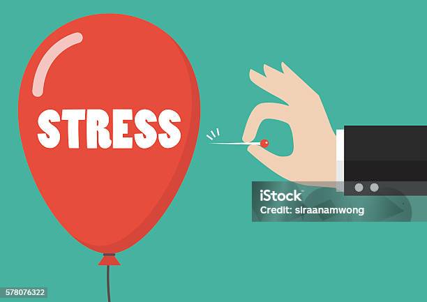 Hand Pushing Needle To Pop The Stress Balloon Stock Illustration - Download Image Now - Emotional Stress, Physical Pressure, Balloon