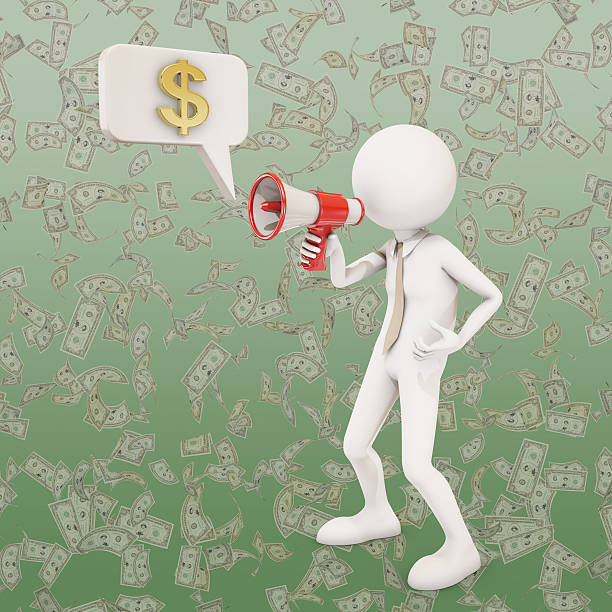 istock 3d character shouting in megaphone about money, 3d rendering 578078168