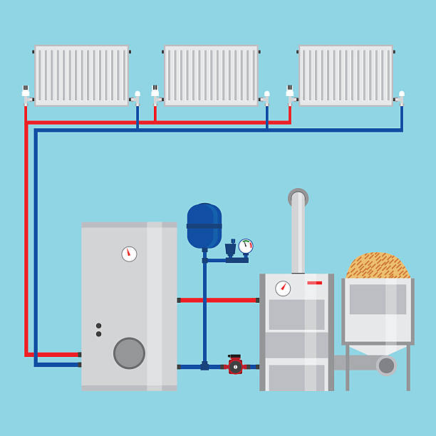 Energy-saving heating system. Energy-saving heating system. Pellet boiler, heating systems with wood. Manifold with Pump. Green energy. pellet gun stock illustrations