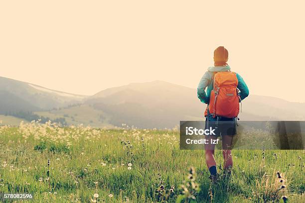 Mujer Joven Excursionista Caminando Por El Sendero En Los Pastizales Foto de stock y más banco de imágenes de Excursionismo