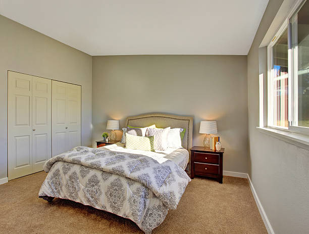 istock Bedroom with carpet floor and doors to built-in closet 578082984