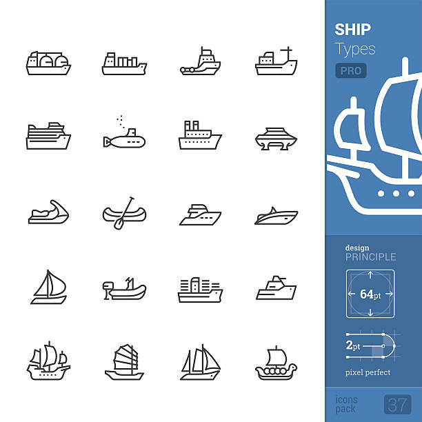 schiffs- und schiffstypen, umriss-vektorsymbole - pro pack - industrial ship military ship shipping passenger ship stock-grafiken, -clipart, -cartoons und -symbole