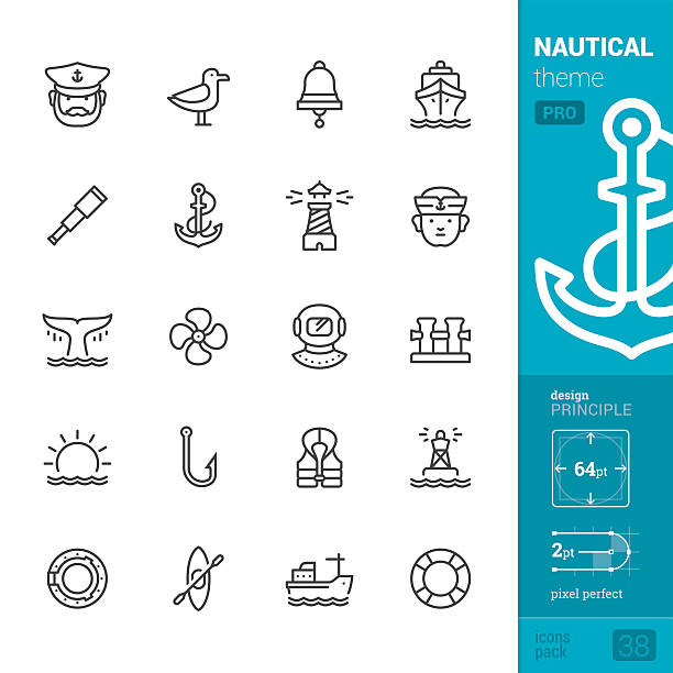 ilustraciones, imágenes clip art, dibujos animados e iconos de stock de náutica y mar, contorno iconos vectoriales - pro pack - anchor harbor vector symbol