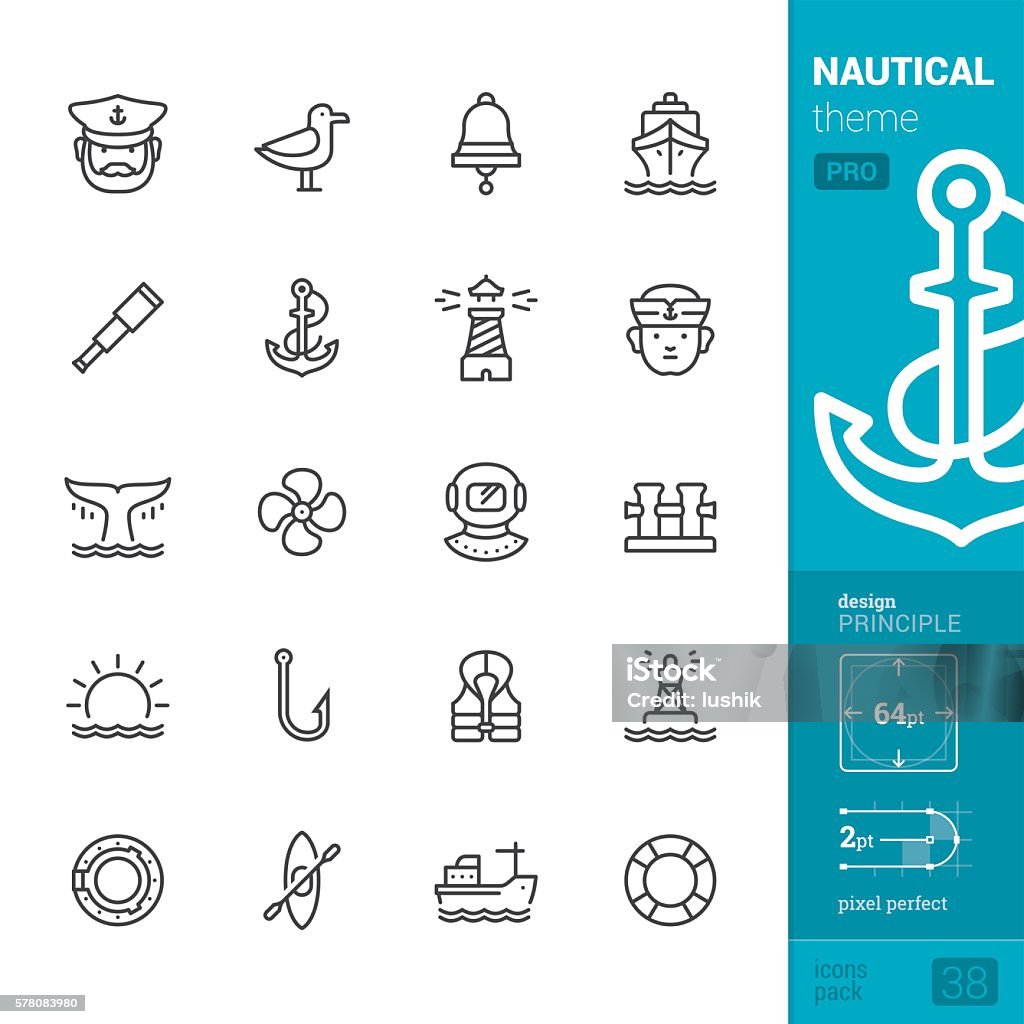 Nautical and Sea, outline vector icons - PRO pack Nautical and Sea theme related single line icons pack. Icon Symbol stock vector