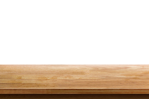 Mesa de madera vacía sobre fondo blanco, aislado photo