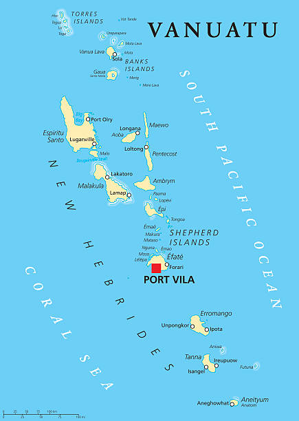 Vanuatu Political Map Vanuatu political map with capital Port Vila. Republic and island nation in South Pacific Ocean. New Hebrides with largest islands Espiritu Santo, Malakula and Efate. English labeling. Illustration. vanuatu stock illustrations