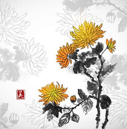 Chrysanthemum flowers. Traditional oriental ink painting sumi-e, u-sin, go-hua. Contains hieroglyph - beauty.
