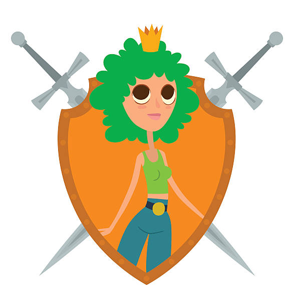 gelber rahmen, moderne prinzessin mit lockigen grünen haaren - illustration and painting vector shield fashionable stock-grafiken, -clipart, -cartoons und -symbole