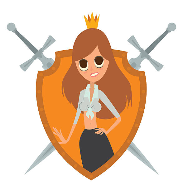 gelber rahmen, moderne prinzessin mit braunen haaren - illustration and painting vector shield fashionable stock-grafiken, -clipart, -cartoons und -symbole