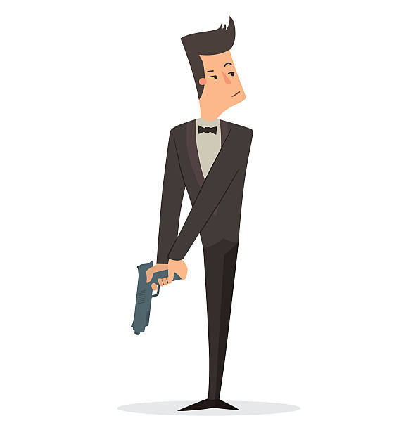 ilustraciones, imágenes clip art, dibujos animados e iconos de stock de super agente con una pistola gris - spy gun men humor