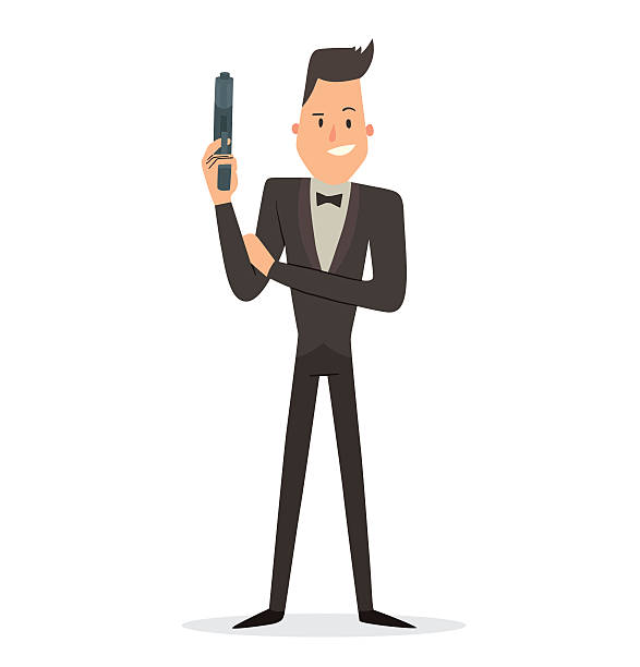 ilustraciones, imágenes clip art, dibujos animados e iconos de stock de súper agente con una pistola gris de pie y sonriendo - spy gun men humor