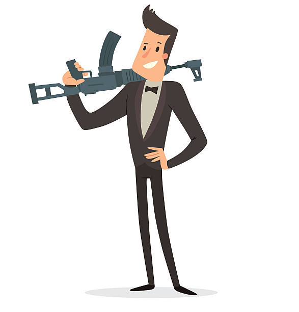 ilustrações de stock, clip art, desenhos animados e ícones de super agent with a gray machine gun - spy gun men humor