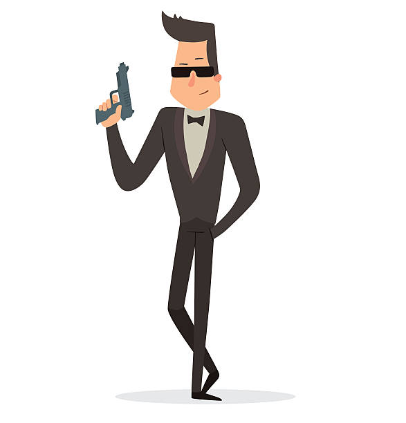 ilustrações de stock, clip art, desenhos animados e ícones de super agent in sunglasses with a gray gun - spy gun men humor