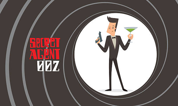 ilustrações de stock, clip art, desenhos animados e ícones de gun barrel, secret agent with a handgun and green cocktail - spy gun men humor