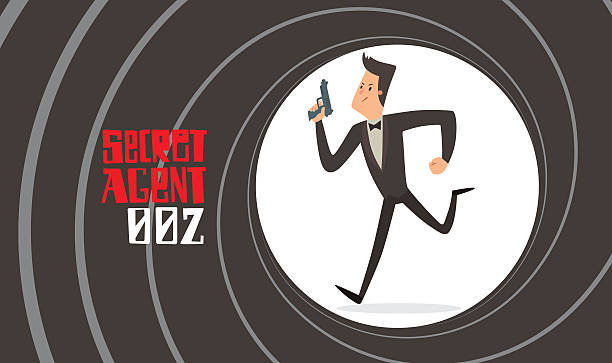 ilustrações de stock, clip art, desenhos animados e ícones de gun barrel, secret agent with a handgun running - spy gun men humor