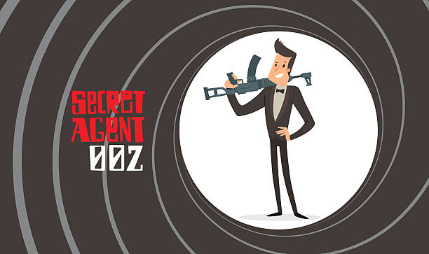 ilustrações de stock, clip art, desenhos animados e ícones de gun barrel, secret agent with a machinegun - spy gun men humor