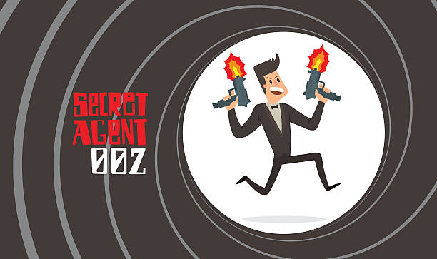 ilustrações de stock, clip art, desenhos animados e ícones de gun barrel, secret agent with two submachine guns - spy gun men humor