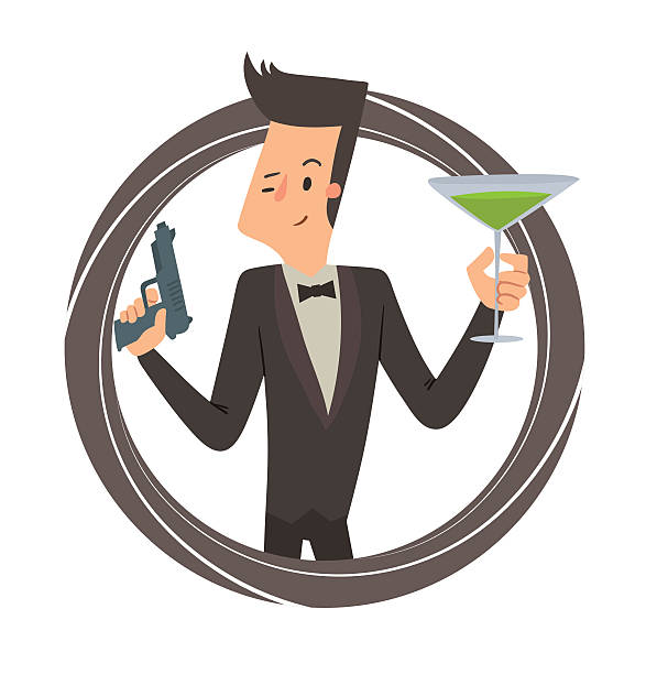 ilustrações de stock, clip art, desenhos animados e ícones de black round frame, secret agent with gun and green cocktail - gun men spy suit