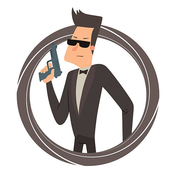 ilustrações de stock, clip art, desenhos animados e ícones de black round frame, secret agent in sunglasses with a gun - spy gun men humor
