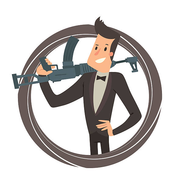 ilustrações de stock, clip art, desenhos animados e ícones de black round frame, secret agent with a machine gun - spy gun men humor