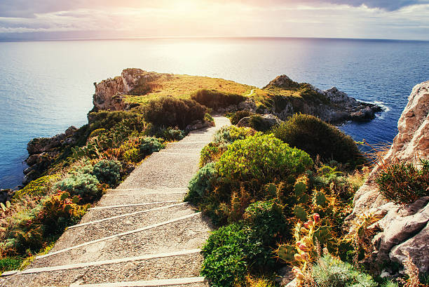 The trail on the hillside by the sea. The trail on the hillside by the sea. Lipari island, Sicilia, Italy, Europe. Mediterranean and Tyrrhenian sea. salina sicily stock pictures, royalty-free photos & images