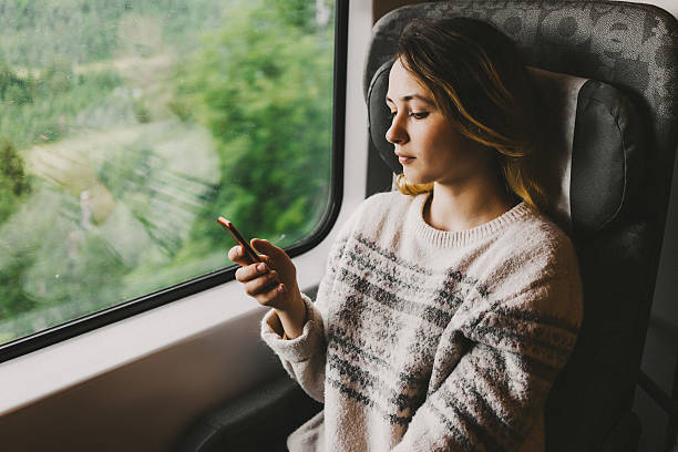 istock Woman in train with smartphone 578095324
