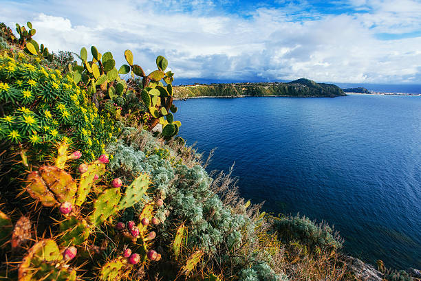 le sentier sur la colline en bord de mer. île de lipari, - santas cap photos et images de collection