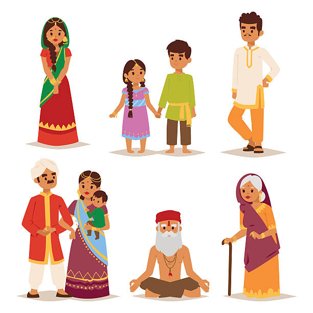 Vector illustration indian people. Vector illustration of Indian couple of different culture standing together. Indian people female happy person. Ethnicity cheerful casual Indian people, traditional boy and girl character. old indian stock illustrations