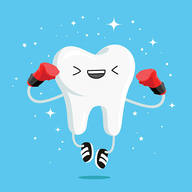 glücklicher gesunder zahn in roten boxhandschuhen - tierzahn stock-grafiken, -clipart, -cartoons und -symbole