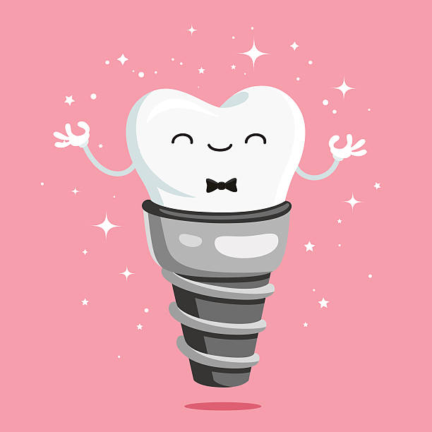 illustrazioni stock, clip art, cartoni animati e icone di tendenza di impianto dentale sano felice - human teeth dental hygiene dentist office human mouth
