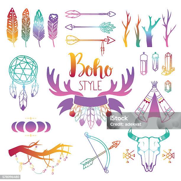 Boho Symbols Vector Set Stock Illustration - Download Image Now - Feather, Arrow Symbol, Boho