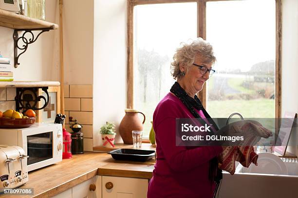 Grandma Drying Dishes Stock Photo - Download Image Now - Senior Adult, Independence - Concept, Lifestyles