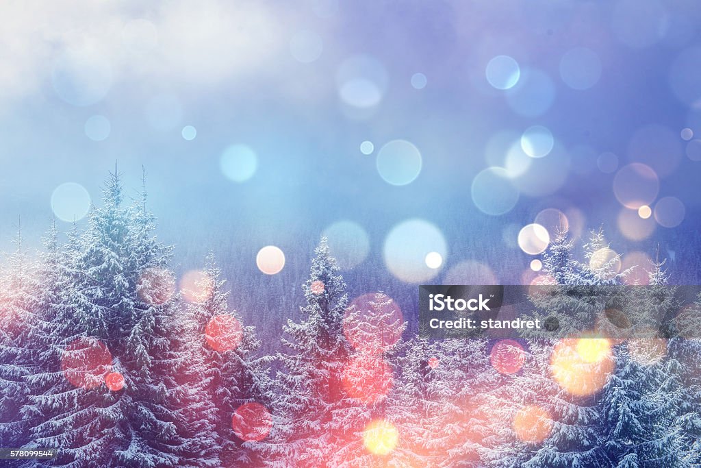 magical winter landscape, magical winter landscape, background with some soft highlights and snow flakes. Dramatic wintry scene. Carpathian, Ukraine, Europe. Winter Stock Photo