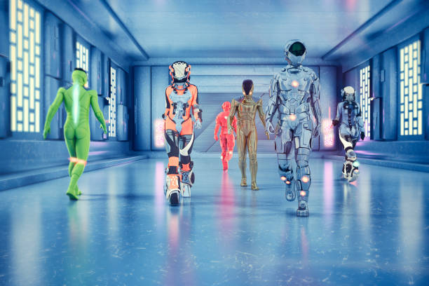 istock Astronauts and space travelers walking in spaceship corridor 578106788