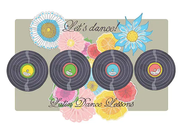 Vector illustration of Vinyl records with flowers and inscriptions