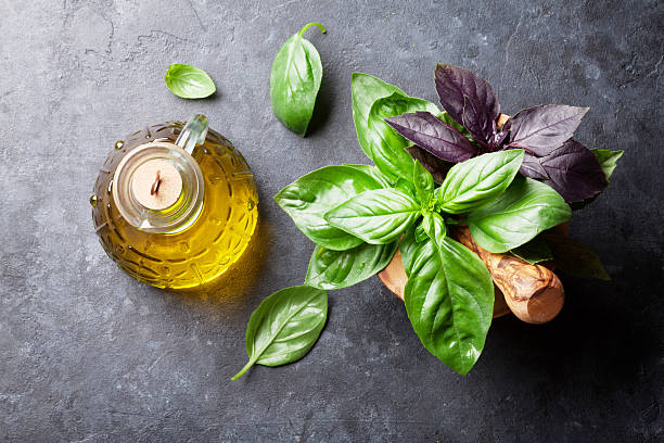 Garden basil herbs in mortar and olive oil