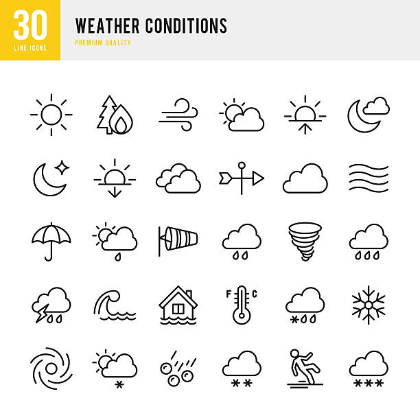 pogoda - zestaw ikon cienkiej linii - klęska żywiołowa obrazy stock illustrations