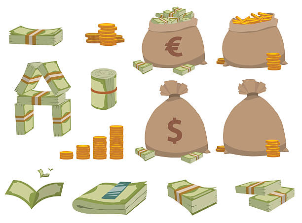 illustrazioni stock, clip art, cartoni animati e icone di tendenza di set vettoriale di simboli di denaro. - coin currency bag money bag