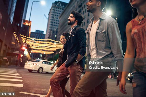 City Life Friends At Night Stock Photo - Download Image Now - Walking, City Of Los Angeles, Downtown District