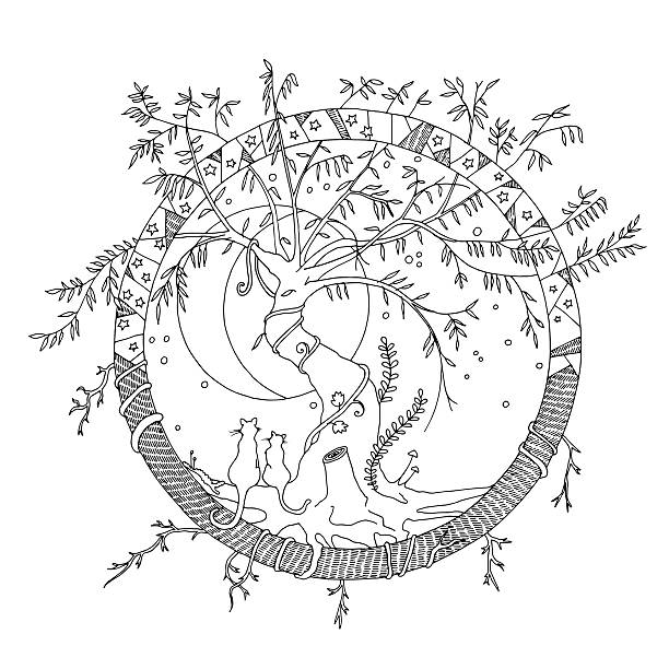 Imaginary world adult coloring page. Moon staring cats, willow tree. vector art illustration