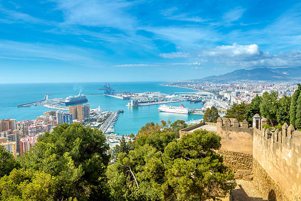 Malaga aerial view Panoramic view of the port of Malaga from the Gibralfaro Castle. Andalusia, Spain. alcazaba of málaga stock pictures, royalty-free photos & images