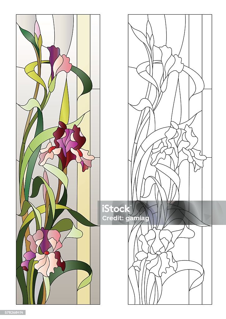 floral stained-glass pattern floral pattern for stained-glass window with blooming irises Stained Glass stock vector