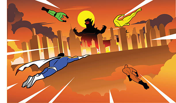 zespół superbohaterów latających do walki z gigantycznym potworem - superhero comic book cityscape flying stock illustrations