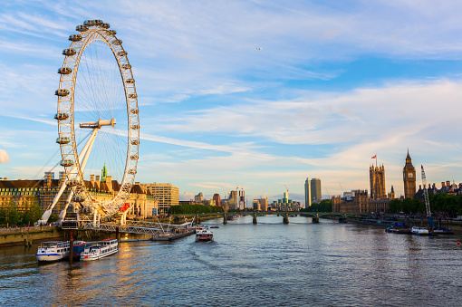 London, UK - June 20, 2016: cityscape of London, UK, with the famous London Eye, viewed over the Thames. London is the most populous city in the EU and one of the most important cultural, finance and trade cities of the world.