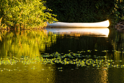 Late afternoon light on the river and canoe. Russian River, northern California.