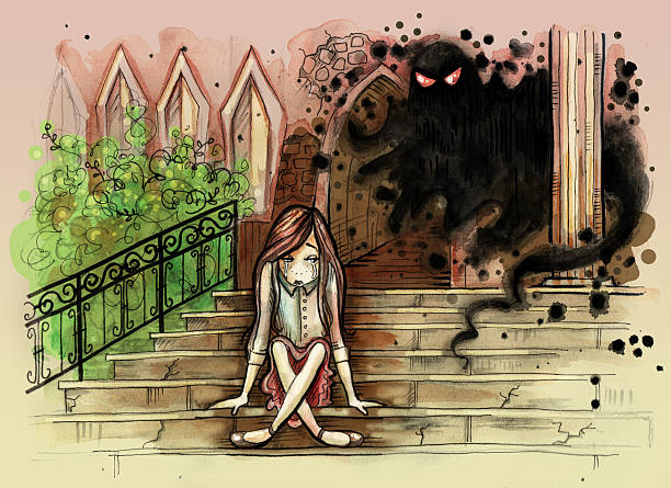 Watercolor illustration of little girl sitting on old stairs Watercolor illustration of little girl sitting on the old stoned stairs with evil ghost behind her. Old gothic building exterior. Hand drawn illustration digitally colored person sitting on fence stock illustrations