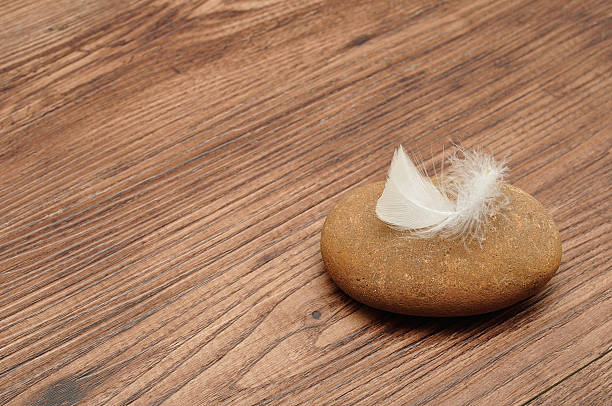 A brown rock with a white feather displayed on a wooden background