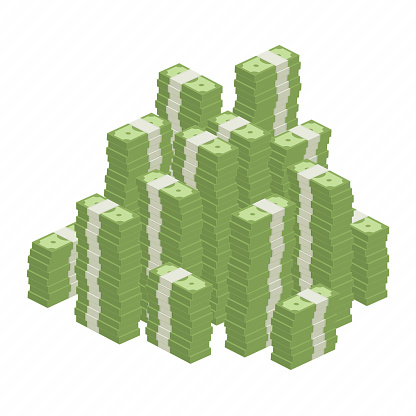 Big stacked pile of cash. Hundreds of dollars in flat style isometric illustration. Big money concept. Stacked pile of hundred us dollar cash. Big pile of cash.