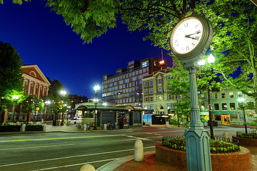 Harvard Square is near the center of Cambridge, Massachusetts, United States.  It refers to both the triangular plaza at the intersection of Massachusetts Avenue, Brattle Street, and John F. Kennedy Street; as well as the business district and Harvard University surrounding that intersection. 