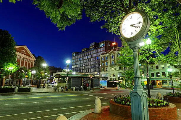 Harvard Square is near the center of Cambridge, Massachusetts, United States.  It refers to both the triangular plaza at the intersection of Massachusetts Avenue, Brattle Street, and John F. Kennedy Street; as well as the business district and Harvard University surrounding that intersection. 